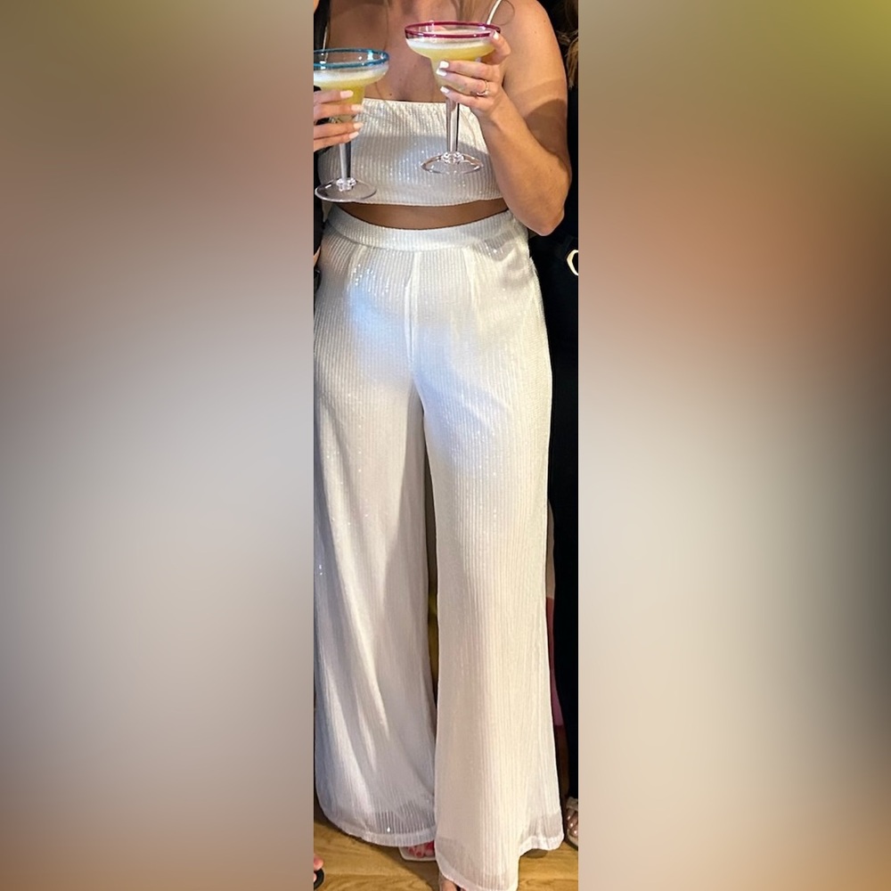 12th Tribe Soiree White Sequin Crop Top and pants set worn once